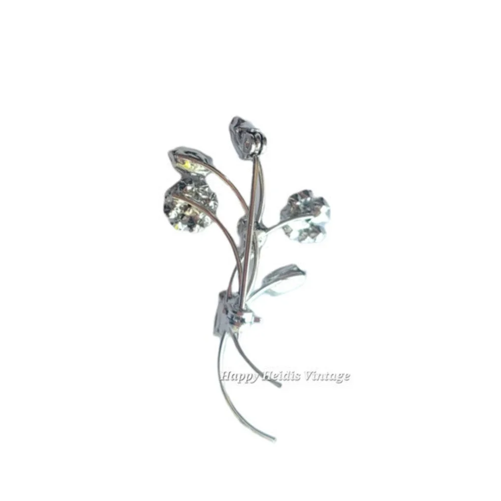 Vintage Silver Tone Rhinestone Delicate Floral Spray Retro Glam Brooch‎ Pin